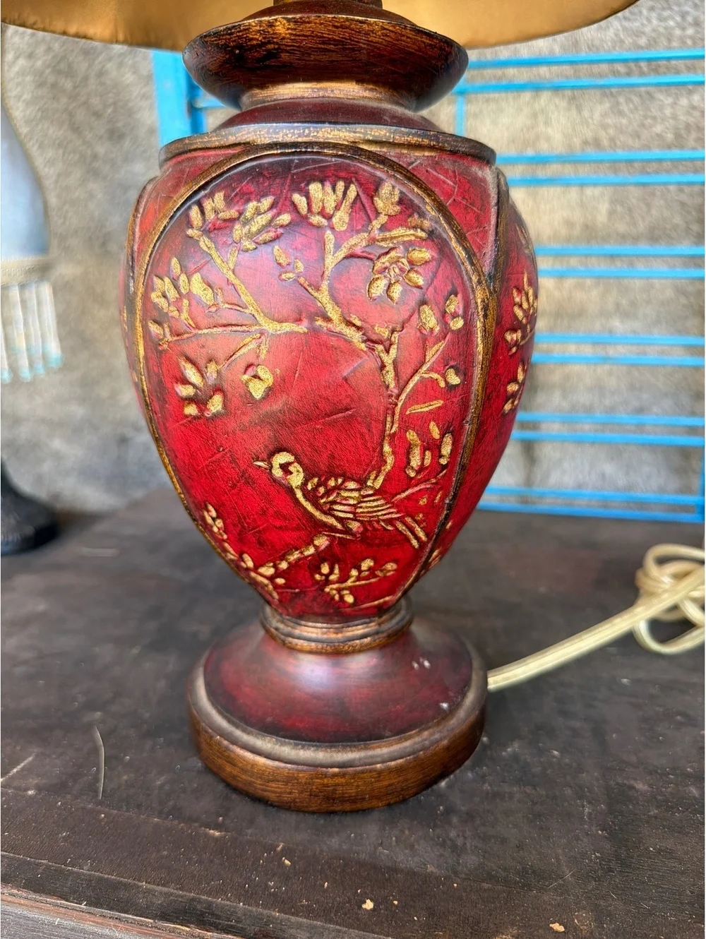 Vintage Red and Gold Ornate Table Lamp with Pleated Gold Shade